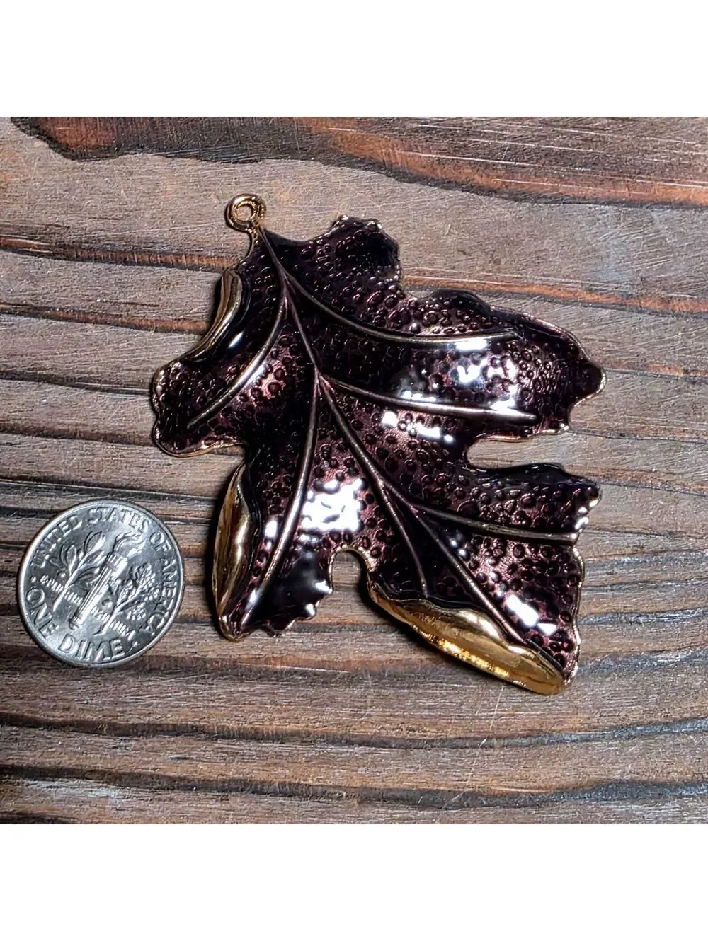 Coppery Brown Enamel on Gold Tone Alloy 3D Textured Large Autumn Leaf Pendant